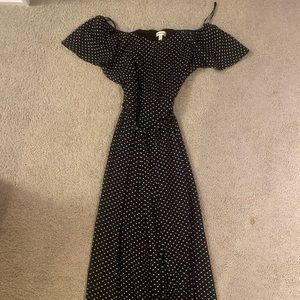 off the shoulder black and white polka dot jumpsuit